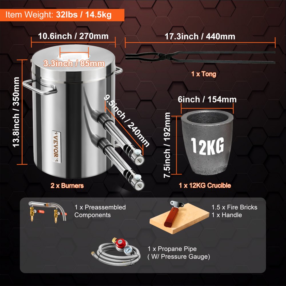 VEVOR Kit di Forno Fusorio a Gas Propano Capienza 12kg Temperatura Massima 1482℃ Corpo di Forno in Acciaio Inox per Metalli Fabbri Raffinerie, Kit di Forno di Fusione con Bruciatore a Propano 30 PSI