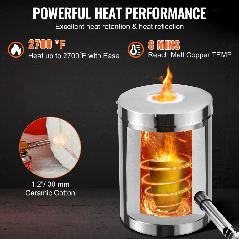 VEVOR Kit di Forno Fusorio a Gas Propano Capienza 6kg Temperatura Massima 1482℃ Corpo di Forno in Acciaio Inox per Metalli Fabbri Raffinerie, Kit di Forno di Fusione con Bruciatore a Propano 30 PSI