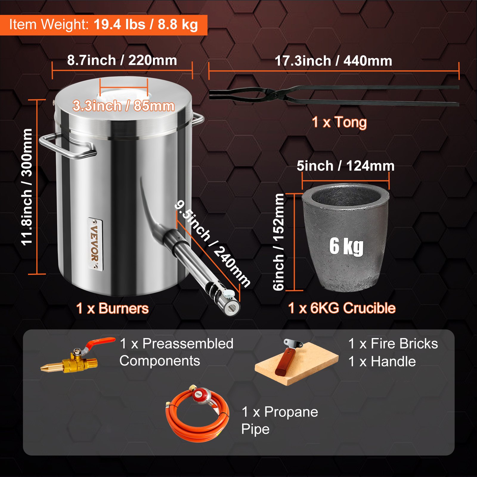 VEVOR Kit di Forno Fusorio a Gas Propano Capienza 6kg Temperatura Massima 1482℃ Corpo di Forno in Acciaio Inox per Metalli Fabbri Raffinerie, Kit di Forno di Fusione con Bruciatore a Propano 30 PSI