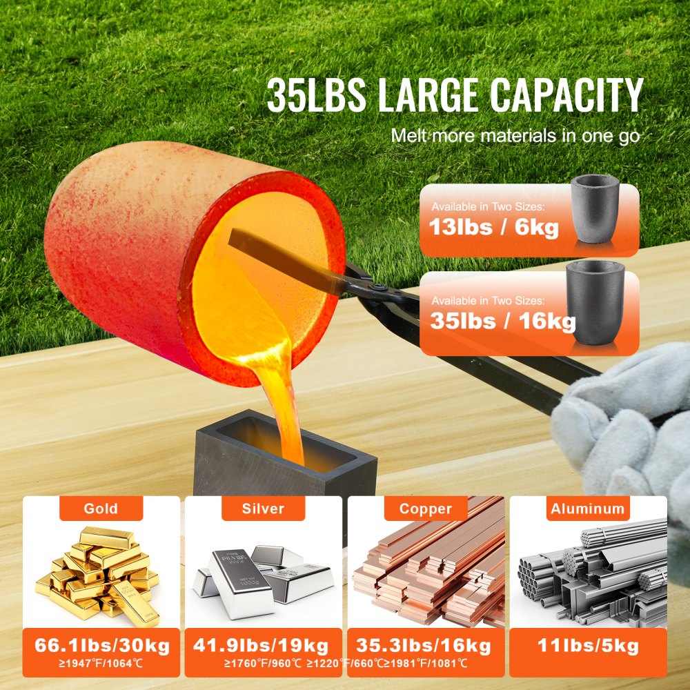 VEVOR Kit di Forno Fusorio a Gas Propano Capienza 16kg Temperatura Massima 1370℃ Corpo di Forno in Acciaio Inox per Metalli Fabbri Raffinerie, Kit di Forno di Fusione con 2 Bruciatori a Propano