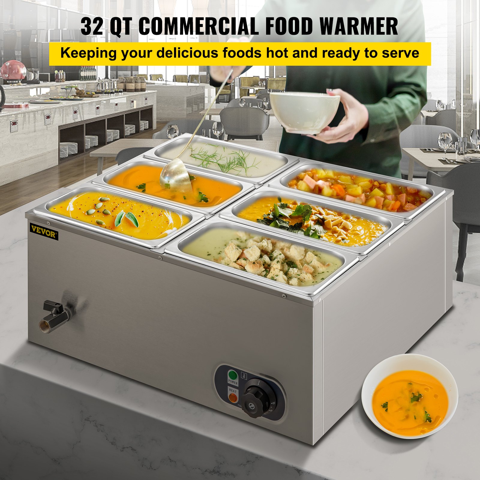 VEVOR 220V Scaldavivande Professionale a 6 Vassoi, Scaldavivande Elettrico, Scaldavivande a Buffet in Acciaio Inossidabile da 850W, Scaldavivande per Catering e Ristoranti (6 Pentole)