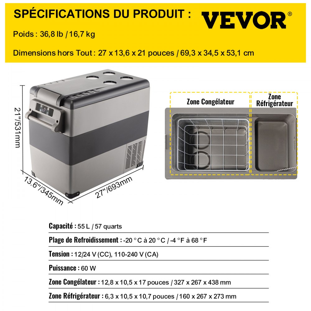 VEVOR Congelatore per Frigorifero Elettrico Portatile, Capacità 55 L Piccolo Frigorifero Congelatore 27,1 x 13,6 x 20,6 Pollici Mini Frigorifero per Auto Guida Viaggi Potenza Totale in Ingresso 45 W