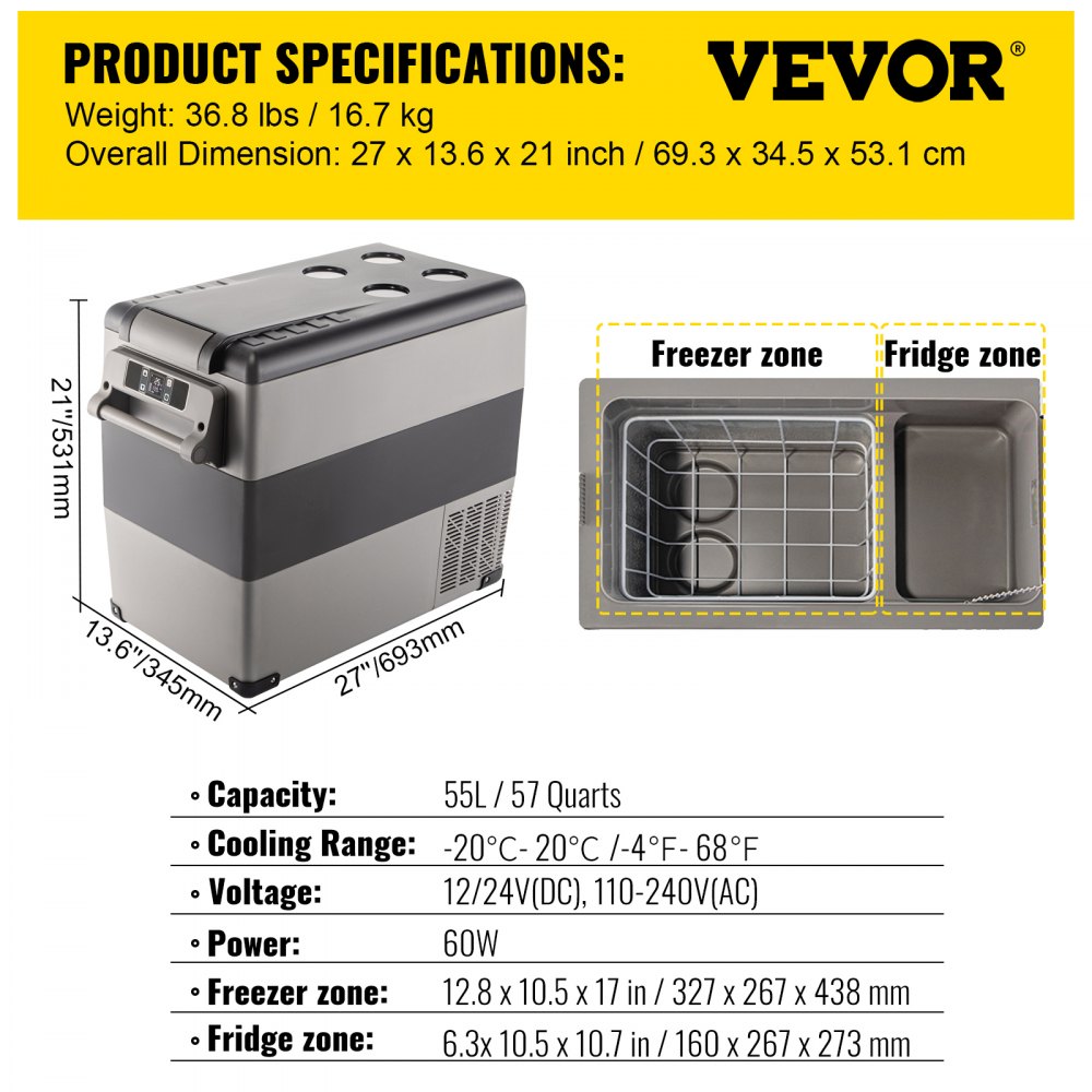 VEVOR Congelatore per Frigorifero Elettrico Portatile, Capacità 55 L Piccolo Frigorifero Congelatore 27,1 x 13,6 x 20,6 Pollici Mini Frigorifero per Auto Guida Viaggi Potenza Totale in Ingresso 45 W