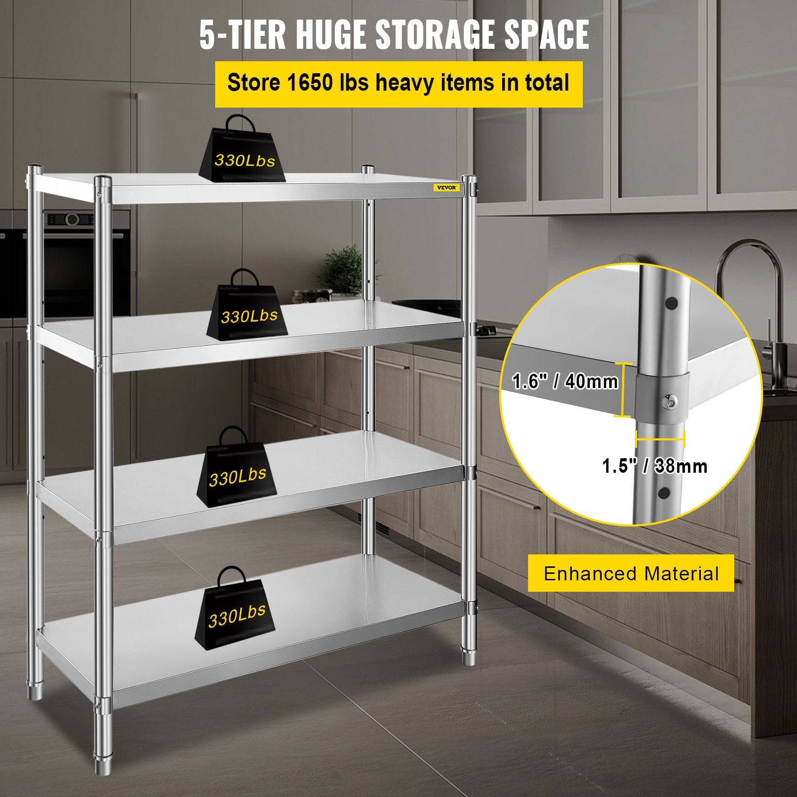 VEVOR Scaffale da Cucina 152,4 x 47 x 118,9 cm, Scaffale Per Cucina Mensola Metallo con 4 Ripiani, Scaffalatura Capacità da 150kg a Ripiano​ Scaffale in Acciaio Inossidabile per Cucina e Garage