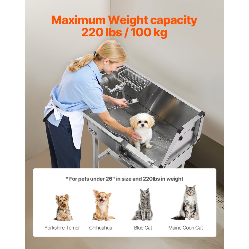 VEVOR Stazione di Lavaggio per Cani in Acciaio Inox, Vasca per Toelettatura per Animali Domestici di Media e Piccola Taglia da 86,36 cm con Scale di Stoccaggio, Rubinetto, Porta Sapone, Porta Destra