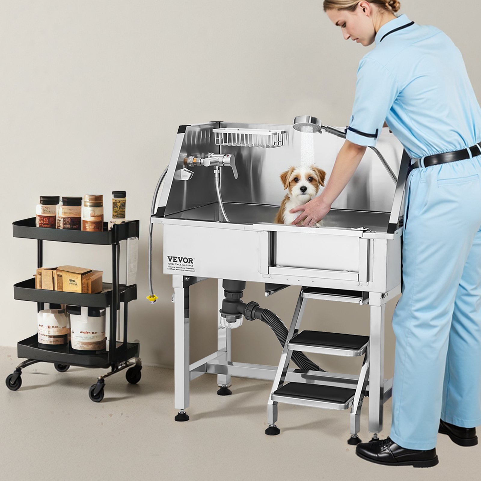 VEVOR Stazione di Lavaggio per Cani in Acciaio Inox, Vasca per Toelettatura per Animali Domestici di Media e Piccola Taglia da 86,36 cm con Scale di Stoccaggio, Rubinetto, Porta Sapone, Porta Destra