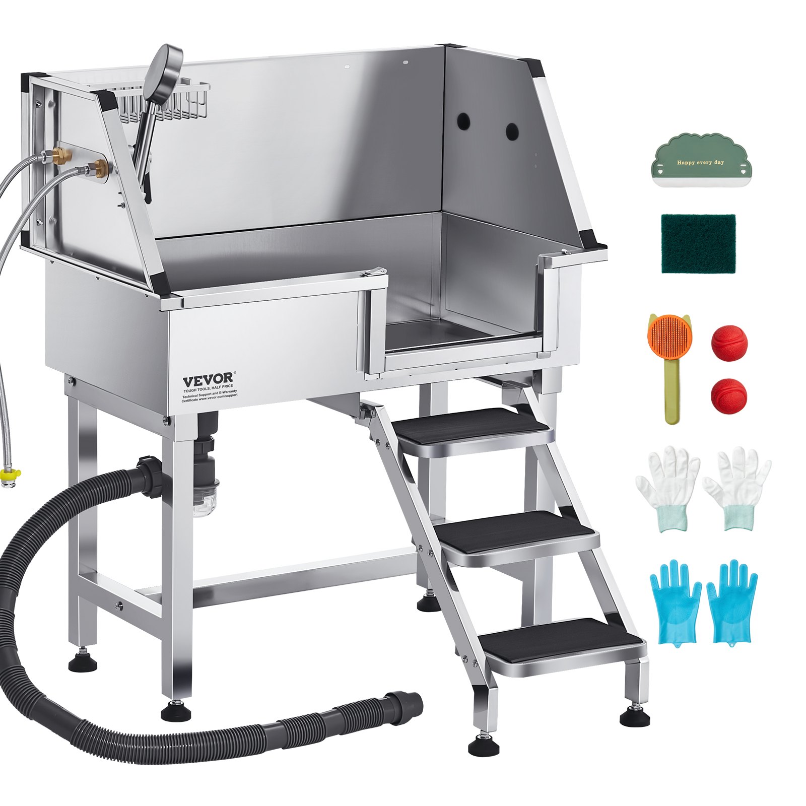 VEVOR Stazione di Lavaggio per Cani in Acciaio Inox, Vasca per Toelettatura per Animali Domestici di Media e Piccola Taglia da 86,36 cm con Scale di Stoccaggio, Rubinetto, Porta Sapone, Porta Destra