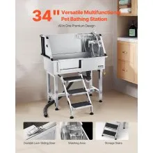 VEVOR Stazione di Lavaggio per Cani in Acciaio Inox, Vasca per Toelettatura per Animali Domestici di Media e Piccola Taglia da 86,36 cm con Scale di Stoccaggio, Rubinetto, Porta Sapone, Porta Sinistra