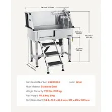 VEVOR Stazione di Lavaggio per Cani in Acciaio Inox, Vasca per Toelettatura per Animali Domestici di Media e Piccola Taglia da 86,36 cm con Scale di Stoccaggio, Rubinetto, Porta Sapone, Porta Sinistra
