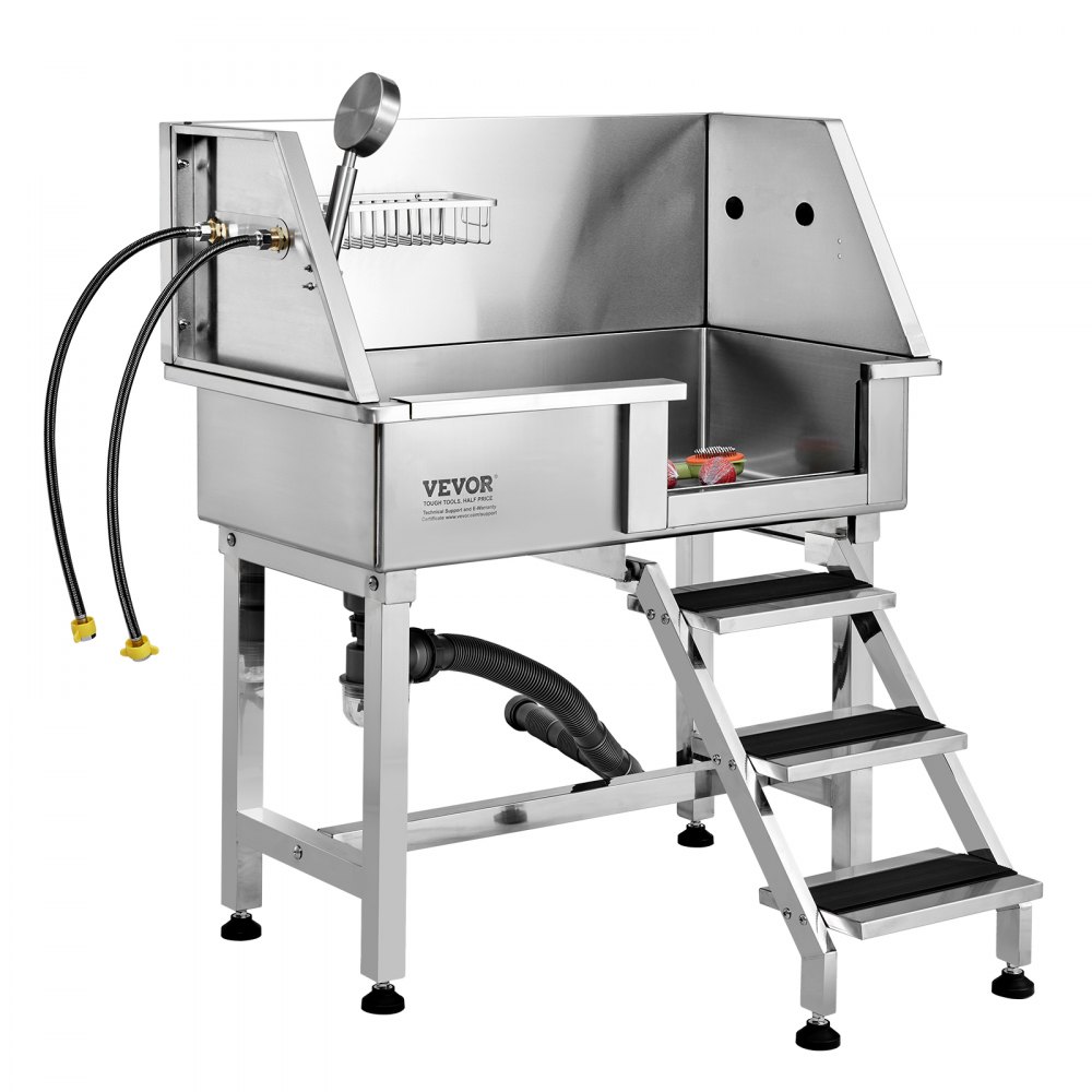 VEVOR Vasca da Bagno per Cani Stazione Vasca di Doccia per Animali Domestici in Acciaio Inox con Scale Lunghezza max. 86 cm Carico max. circa 100 kg, Vasca Doccia per Toelettatura per Cani con Scale