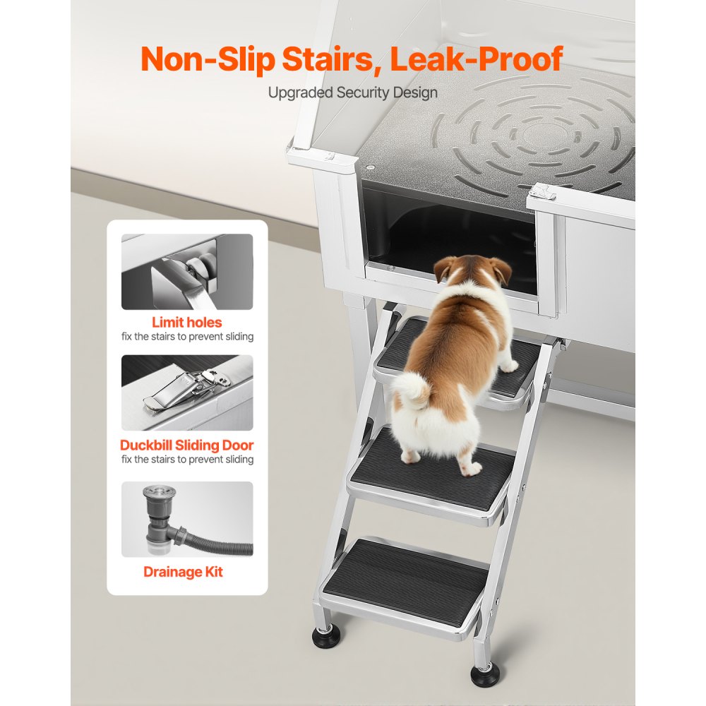 VEVOR Stazione di Lavaggio per Cani in Acciaio Inox, Vasca per Toelettatura per Animali Domestici da 96,52 cm con Scale di Stoccaggio, Rubinetto e Soffione Doccia e Porta Sapone, Porta Sinistra