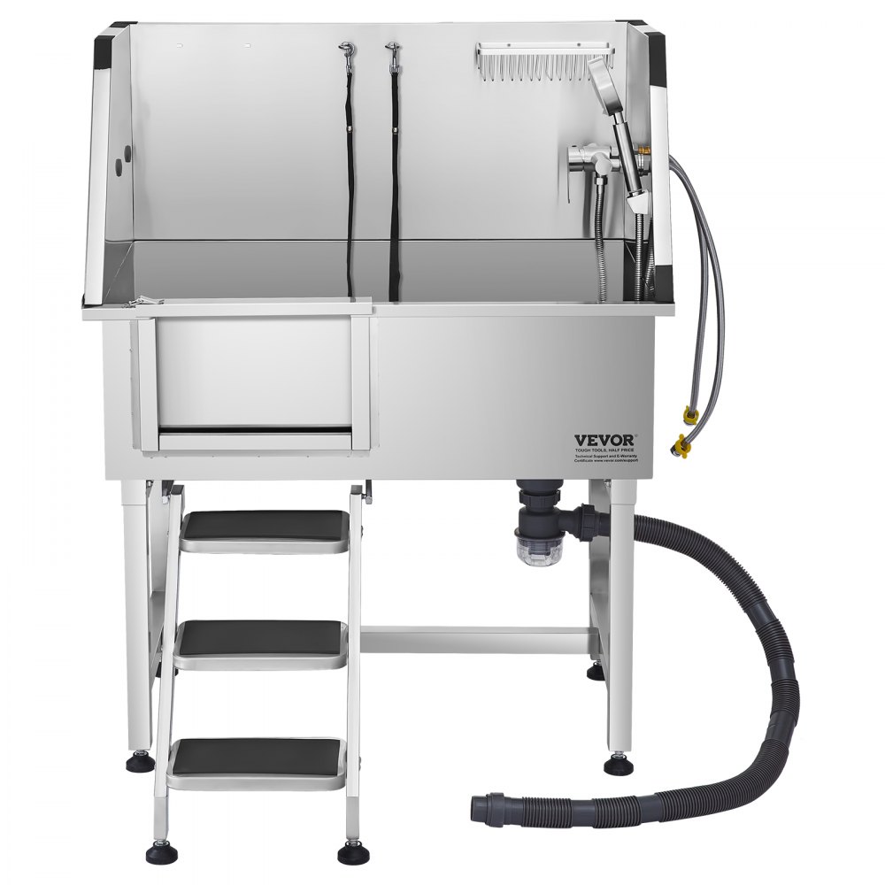 VEVOR Stazione di Lavaggio per Cani in Acciaio Inox, Vasca per Toelettatura per Animali Domestici da 96,52 cm con Scale di Stoccaggio, Rubinetto e Soffione Doccia e Porta Sapone, Porta Sinistra