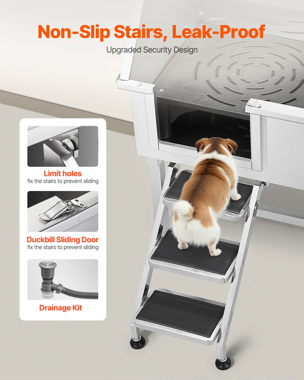 VEVOR Stazione di Lavaggio per Cani in Acciaio Inox, Vasca per Toelettatura per Animali Domestici da 96,52 cm con Scale di Stoccaggio, Rubinetto e Soffione Doccia e Porta Sapone, Porta Sinistra