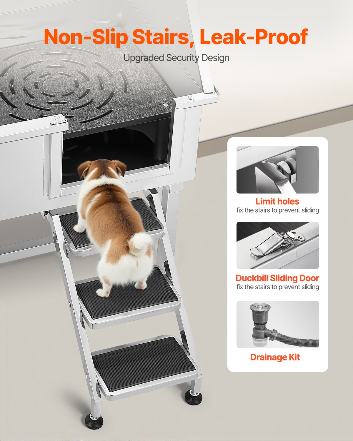 VEVOR Stazione di Lavaggio per Cani in Acciaio Inox, Vasca per Toelettatura per Animali Domestici da 96,52 cm con Scale di Stoccaggio, Rubinetto e Soffione Doccia e Porta Sapone, Porta Destra