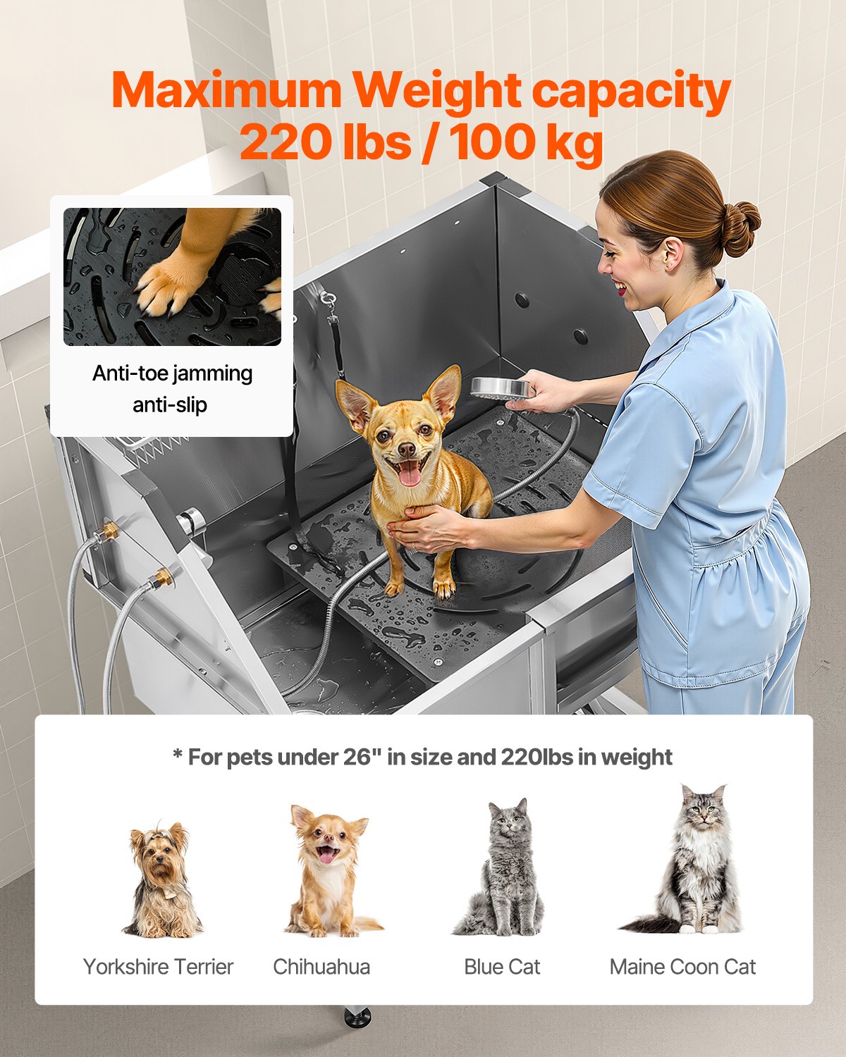 VEVOR Stazione di Lavaggio per Cani in Acciaio Inox, Vasca per Toelettatura per Animali Domestici da 96,52 cm con Scale di Stoccaggio, Rubinetto e Soffione Doccia e Porta Sapone, Porta Destra