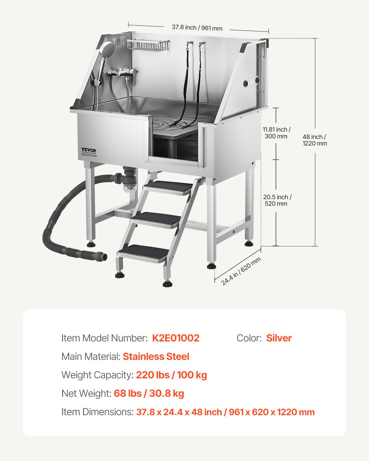 VEVOR Stazione di Lavaggio per Cani in Acciaio Inox, Vasca per Toelettatura per Animali Domestici da 96,52 cm con Scale di Stoccaggio, Rubinetto e Soffione Doccia e Porta Sapone, Porta Destra