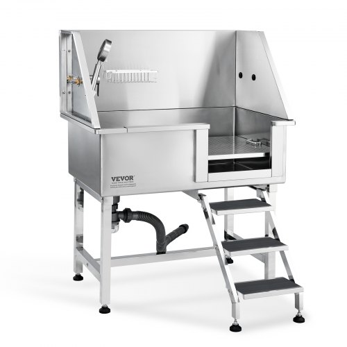 VEVOR Vasca da Bagno per Cani Stazione Vasca di Doccia per Animali Domestici in Acciaio Inox con Scale Lunghezza max. 96,5cm Carico max. circa 100 kg, Vasca Doccia per Toelettatura per Cani con Scale