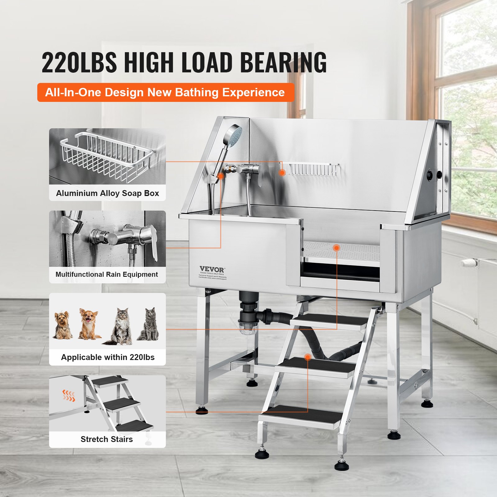 VEVOR Vasca da Bagno per Cani Stazione Vasca di Doccia per Animali Domestici in Acciaio Inox con Scale Lunghezza max. 96,5cm Carico max. circa 100 kg, Vasca Doccia per Toelettatura per Cani con Scale