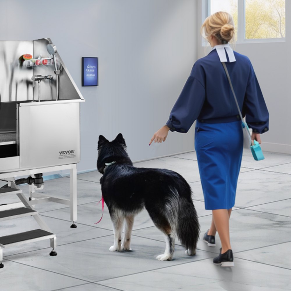 VEVOR Vasca da Bagno per Cani Stazione Vasca di Doccia per Animali Domestici in Acciaio Inox con Scale Lunghezza max. 96,5cm Carico max. circa 100 kg, Vasca Doccia per Toelettatura Scale a Sinistra