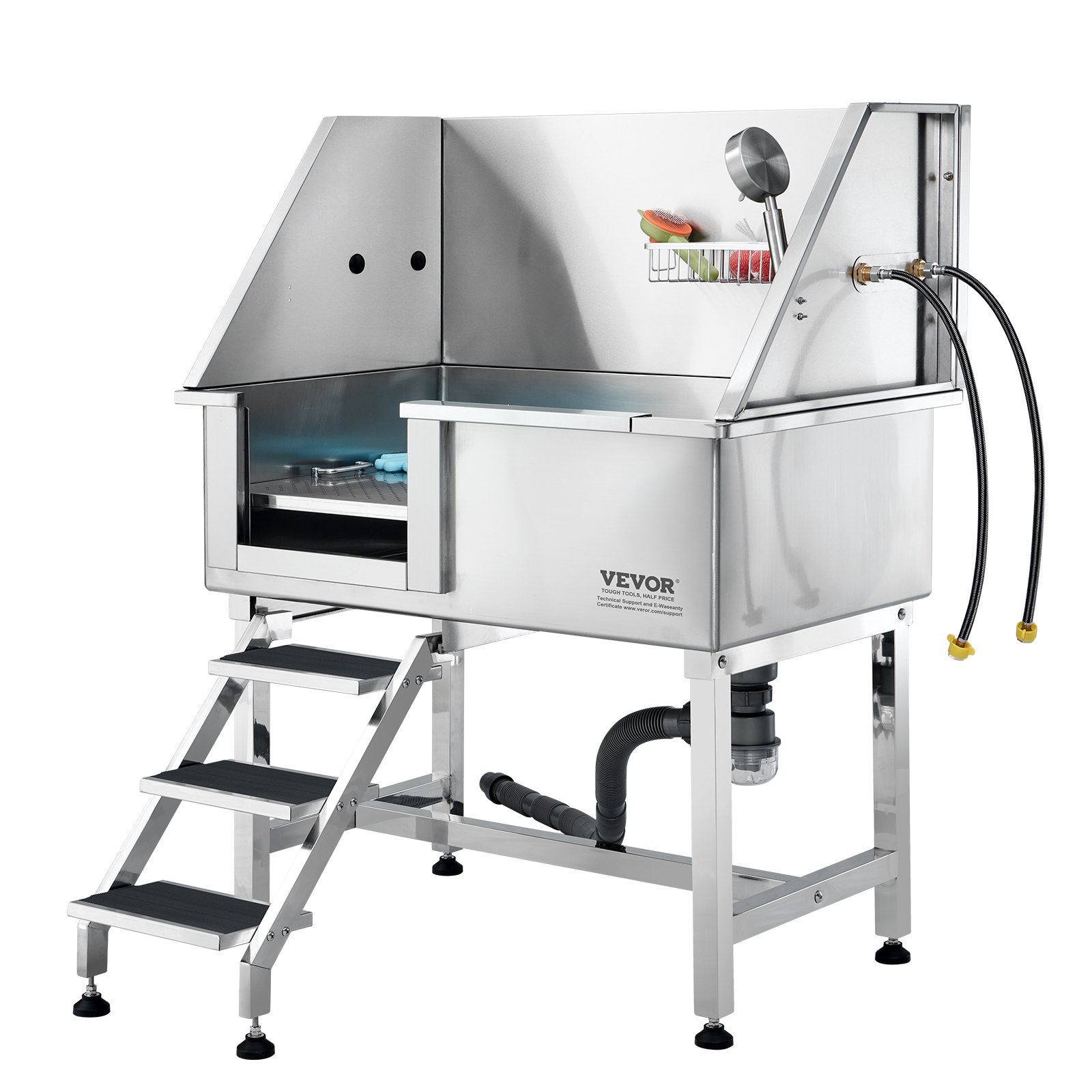 VEVOR Vasca da Bagno per Cani Stazione Vasca di Doccia per Animali Domestici in Acciaio Inox con Scale Lunghezza max. 96,5cm Carico max. circa 100 kg, Vasca Doccia per Toelettatura Scale a Sinistra