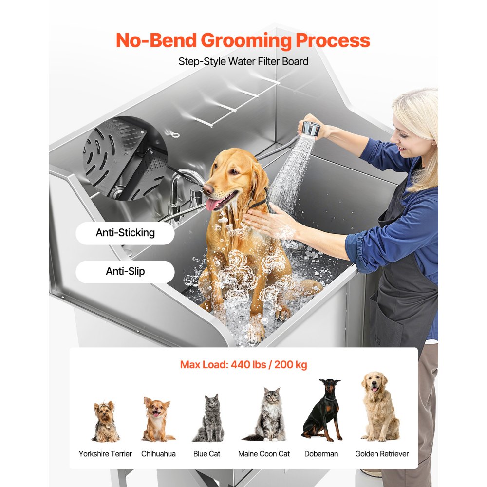 VEVOR Stazione di Lavaggio per Cani in Acciaio Inox, Vasca per Toelettatura per Animali Domestici di Grandi, Medie e Piccole Dimensioni da 127 cm con Rampa, Rubinetto e Soffione Doccia, Porta Destra