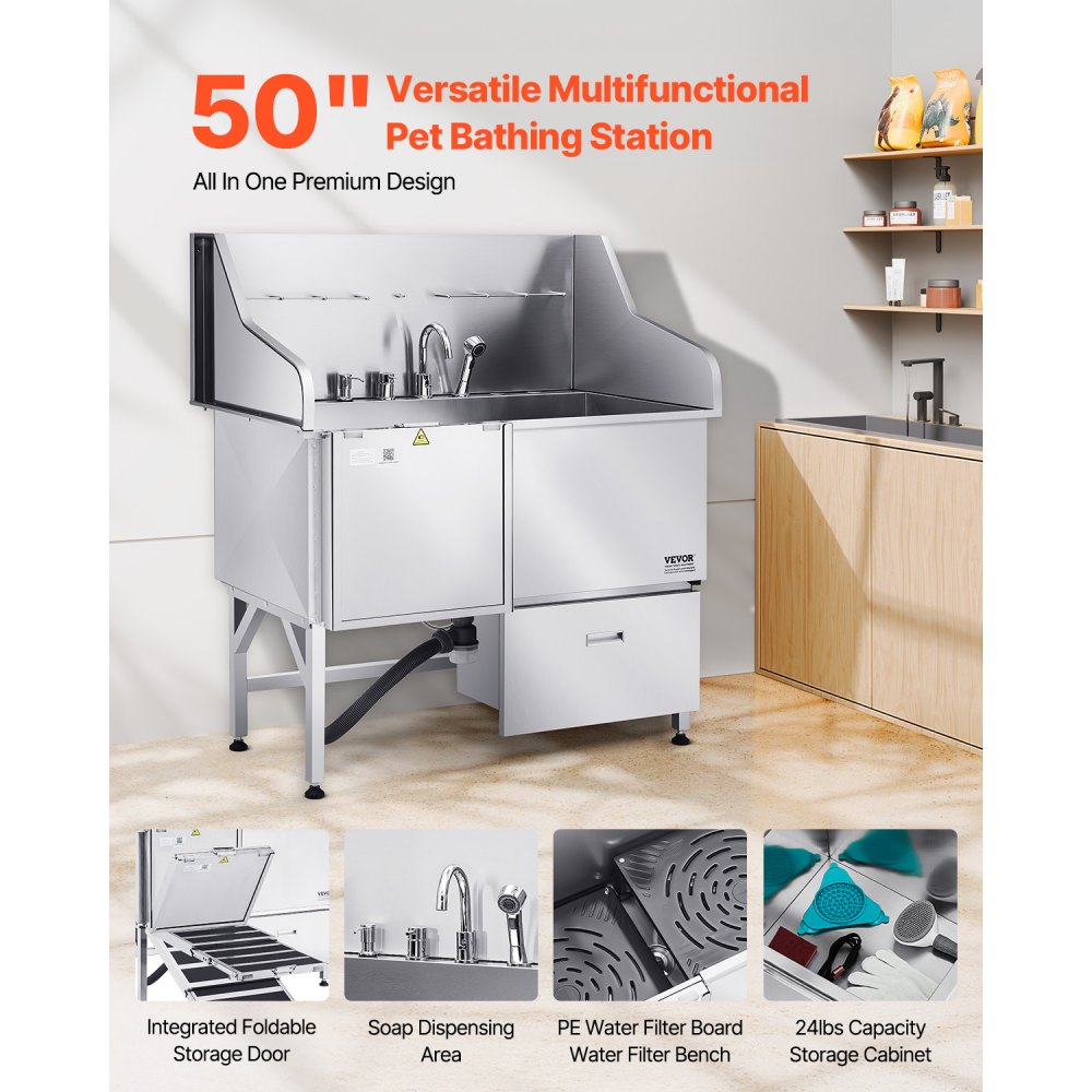 VEVOR Stazione di Lavaggio per Cani in Acciaio Inox, Vasca per Toelettatura per Animali Domestici di Grandi, Medie e Piccole Dimensioni da 127 cm con Rampa, Rubinetto e Porta Sapone, Porta Sinistra