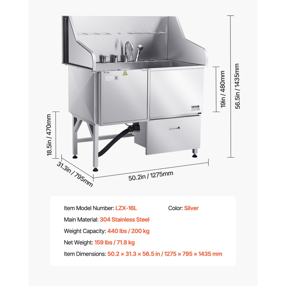 VEVOR Stazione di Lavaggio per Cani in Acciaio Inox, Vasca per Toelettatura per Animali Domestici di Grandi, Medie e Piccole Dimensioni da 127 cm con Rampa, Rubinetto e Porta Sapone, Porta Sinistra