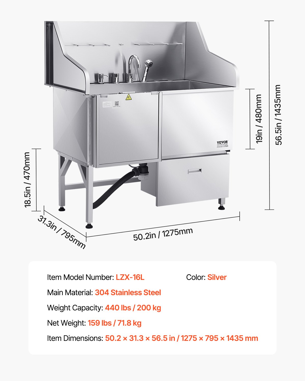 VEVOR Stazione di Lavaggio per Cani in Acciaio Inox, Vasca per Toelettatura per Animali Domestici di Grandi, Medie e Piccole Dimensioni da 127 cm con Rampa, Rubinetto e Porta Sapone, Porta Sinistra