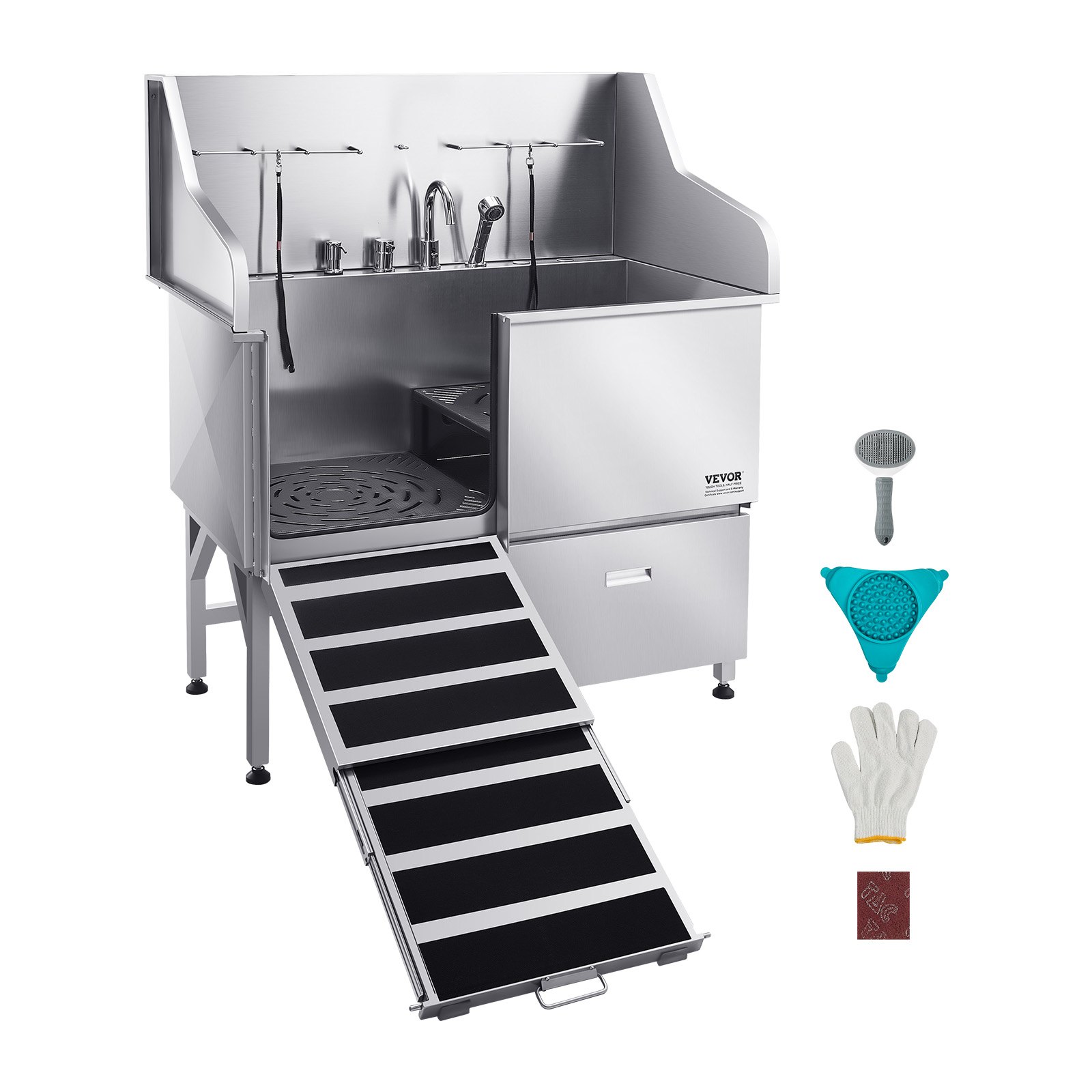 VEVOR Stazione di Lavaggio per Cani in Acciaio Inox, Vasca per Toelettatura per Animali Domestici di Grandi, Medie e Piccole Dimensioni da 127 cm con Rampa, Rubinetto e Porta Sapone, Porta Sinistra