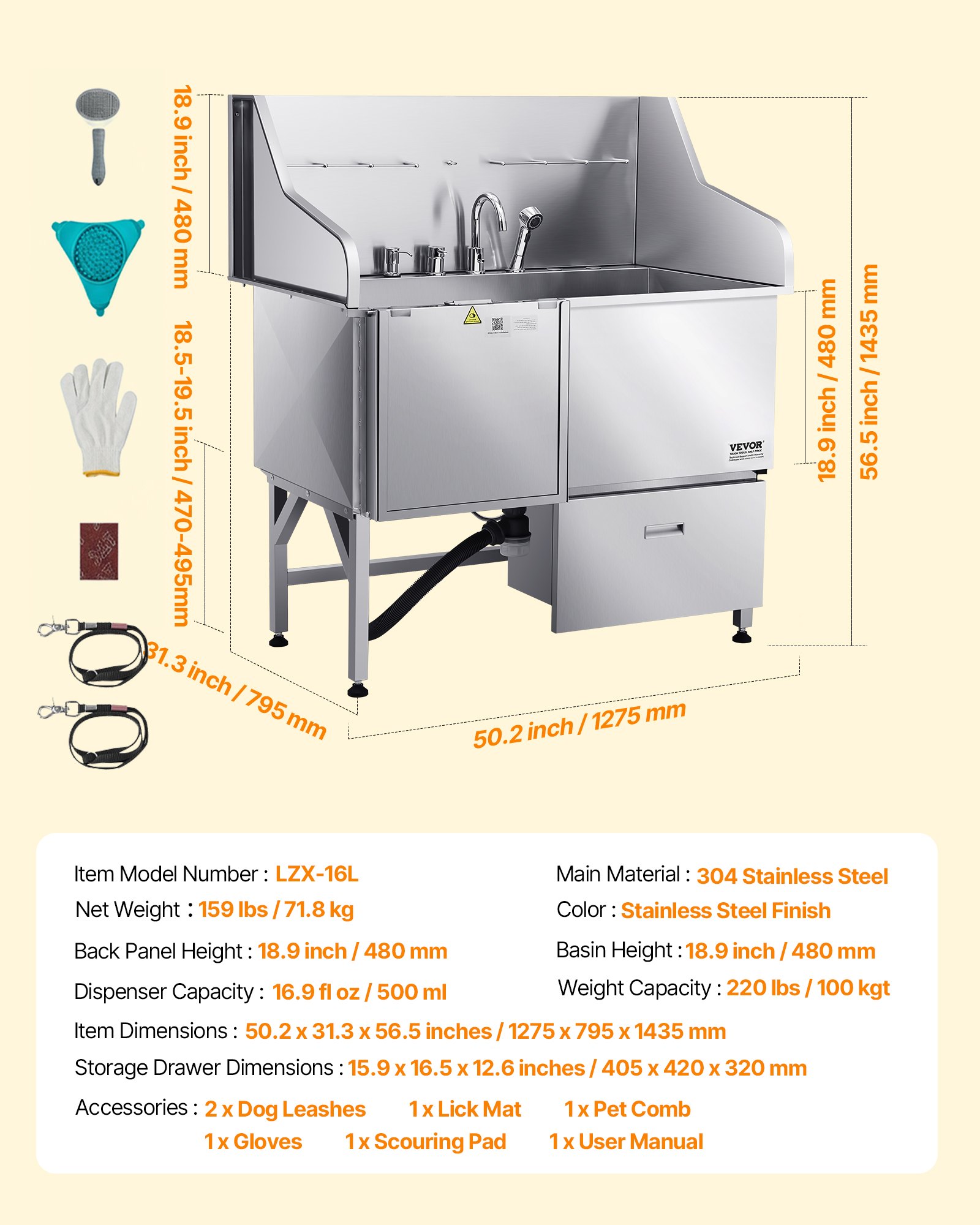 VEVOR Stainless Steel Dog Washing Station, 50" Pet Grooming Tub with Ramp, Faucet, Shower Head & Soap Holder, Dog Bath with Leash for Large, Medium & Small Pets (Left Door)
