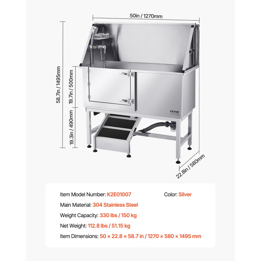 VEVOR Stainless Steel Dog Washing Station, 1270x580x1495 mm Pet Grooming Tub with Ramp, PE Water Filter Plate, Faucet, Shower Head & Soap Holder, for Large, Medium & Small Pets (Left Door)