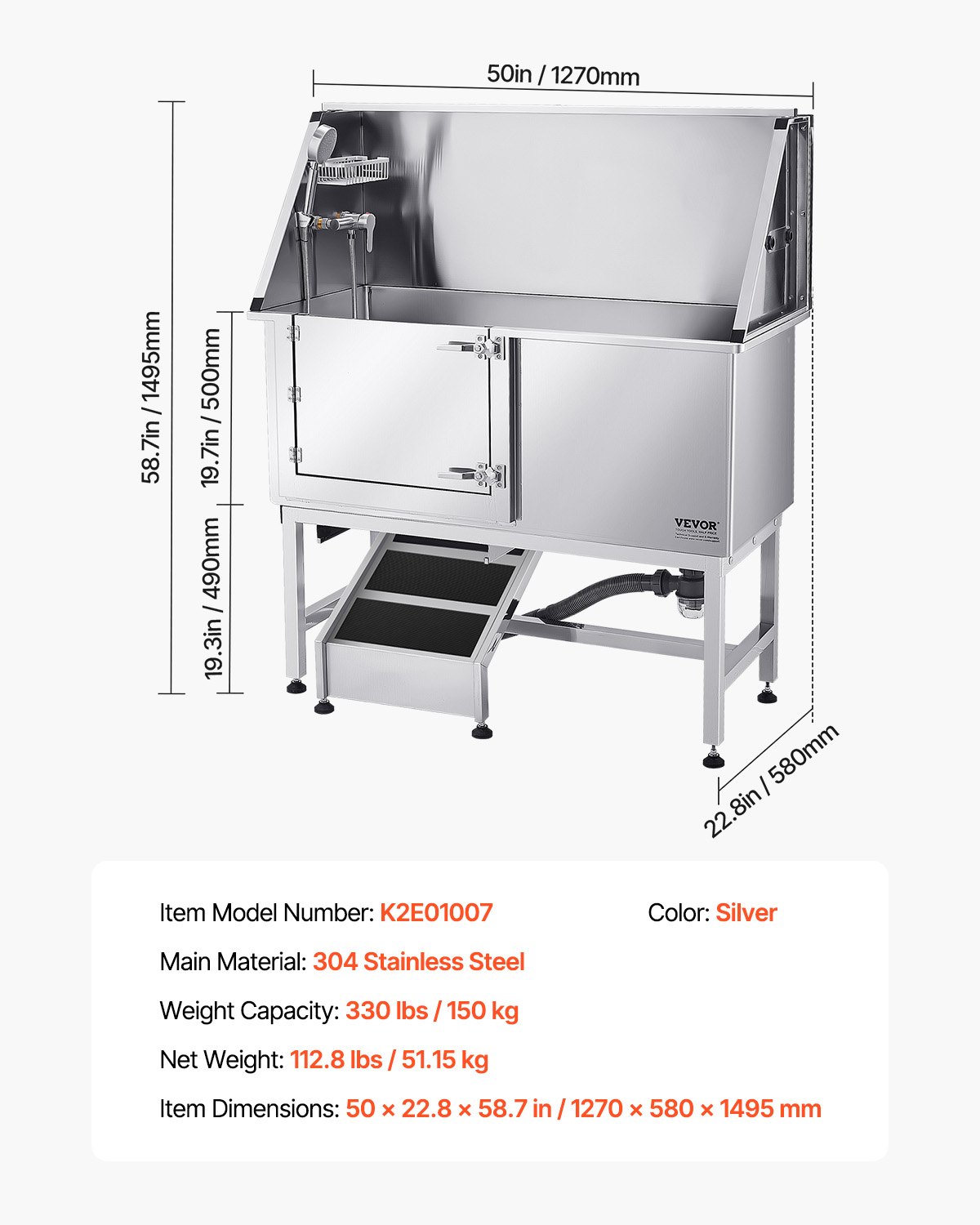 VEVOR Stazione di Lavaggio per Cani in Acciaio Inox, Vasca per Toelettatura per Animali Domestici di Grandi, Medie e Piccole Dimensioni da 127 cm con Rampa, Pannello Filtro per Acqua, Porta Sinistra