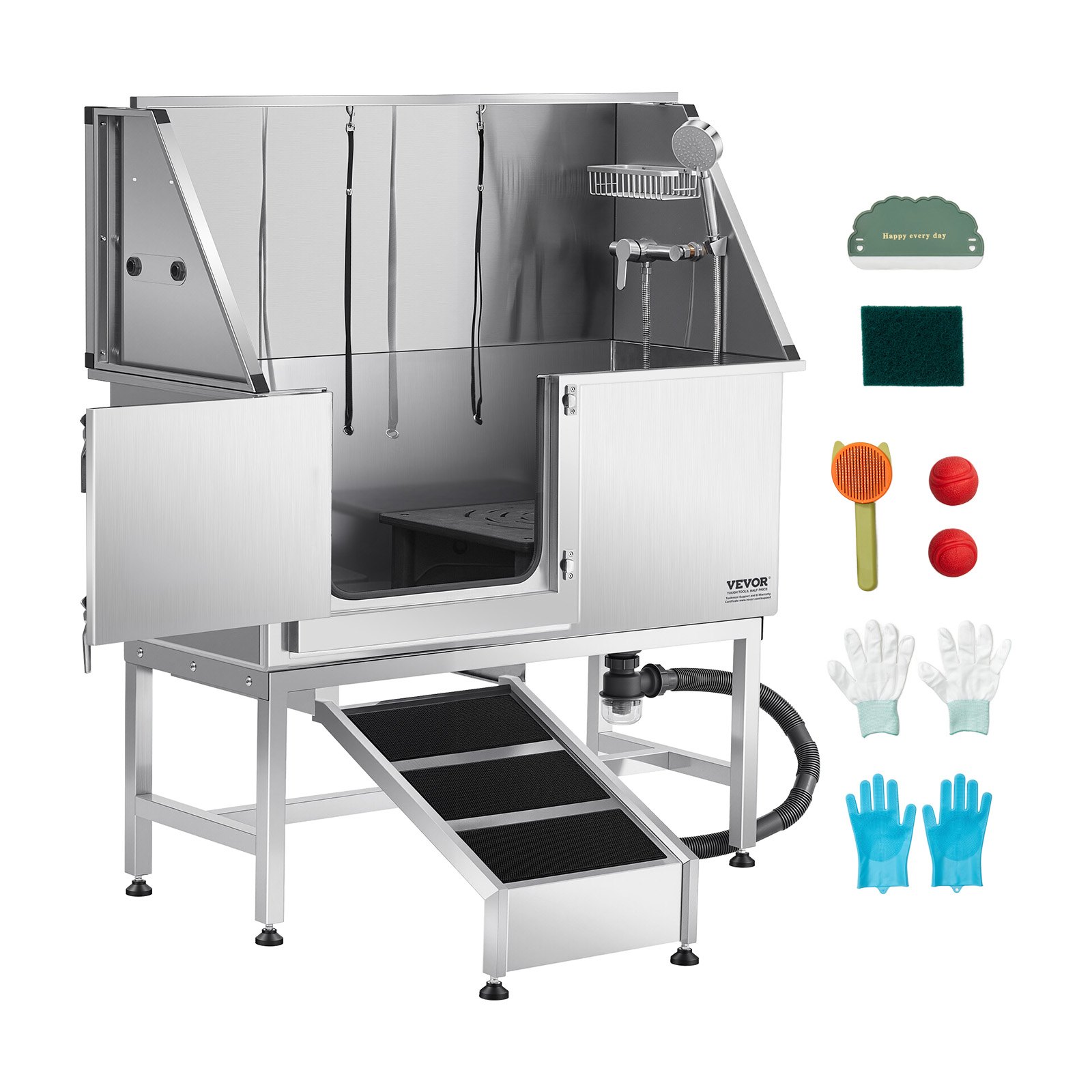 VEVOR Stainless Steel Dog Washing Station, 1270x580x1495 mm Pet Grooming Tub with Ramp, PE Water Filter Plate, Faucet, Shower Head & Soap Holder, for Large, Medium & Small Pets (Left Door)