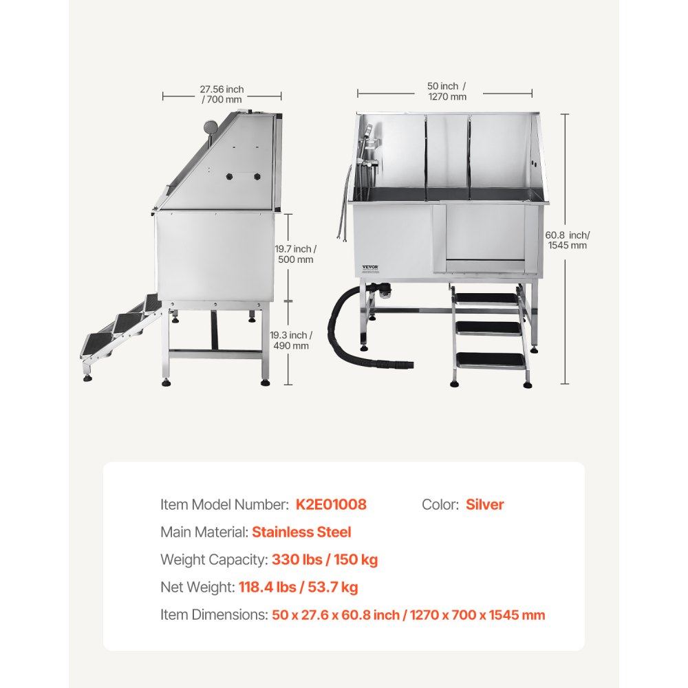 VEVOR Stazione di Lavaggio per Cani in Acciaio Inox, Vasca per Toelettatura per Animali Domestici di Grandi, Medie e Piccole Dimensioni da 127 cm con Scale, Pannello Filtro per Acqua, Porta Destra