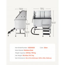 VEVOR Stazione di Lavaggio per Cani in Acciaio Inox 127 cm con Scale a Destra