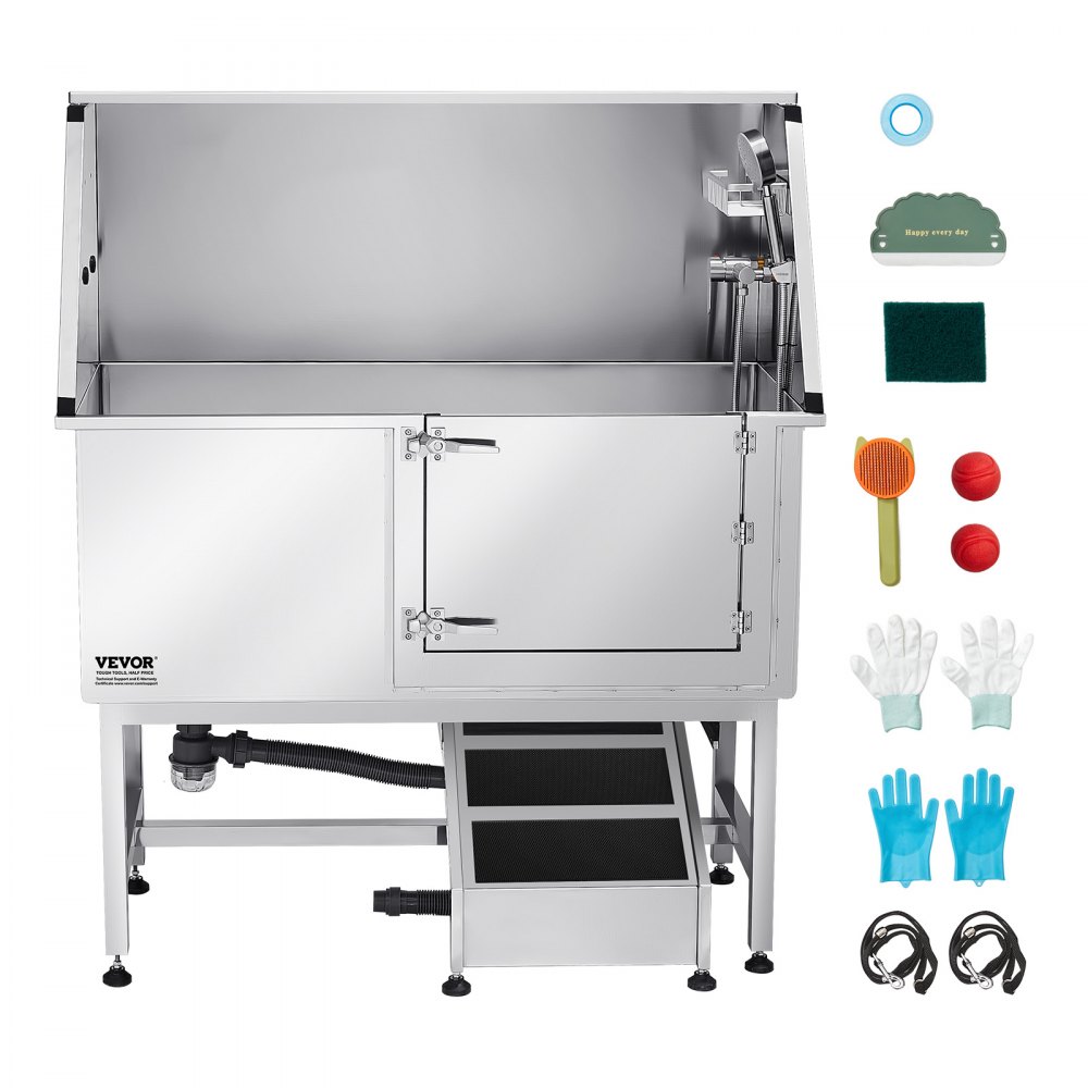 VEVOR Stainless Steel Dog Washing Station, 1270x580x1495 mm Pet Grooming Tub with Ramp, PE Water Filter Plate, Faucet, Shower Head & Soap Holder, for Large, Medium & Small Pets (Right Door)