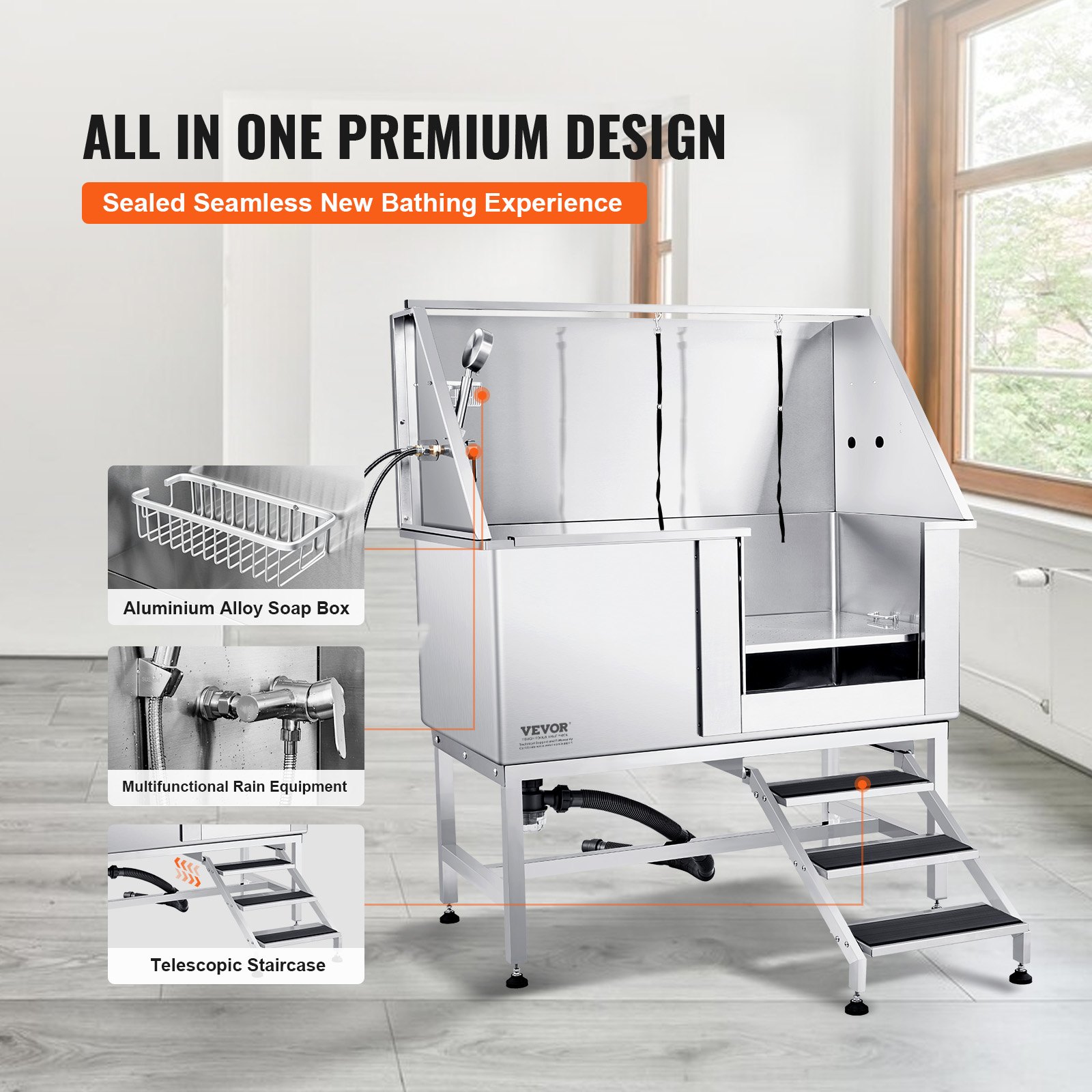 VEVOR Vasca da Bagno per Cani Animali Vasca di Doccia per Animali Domestici in Acciaio Inox con Scale Lunghezza max.127 cm Carico max. circa 150 kg, Vasca Doccia per Toelettatura per Cani con Scale