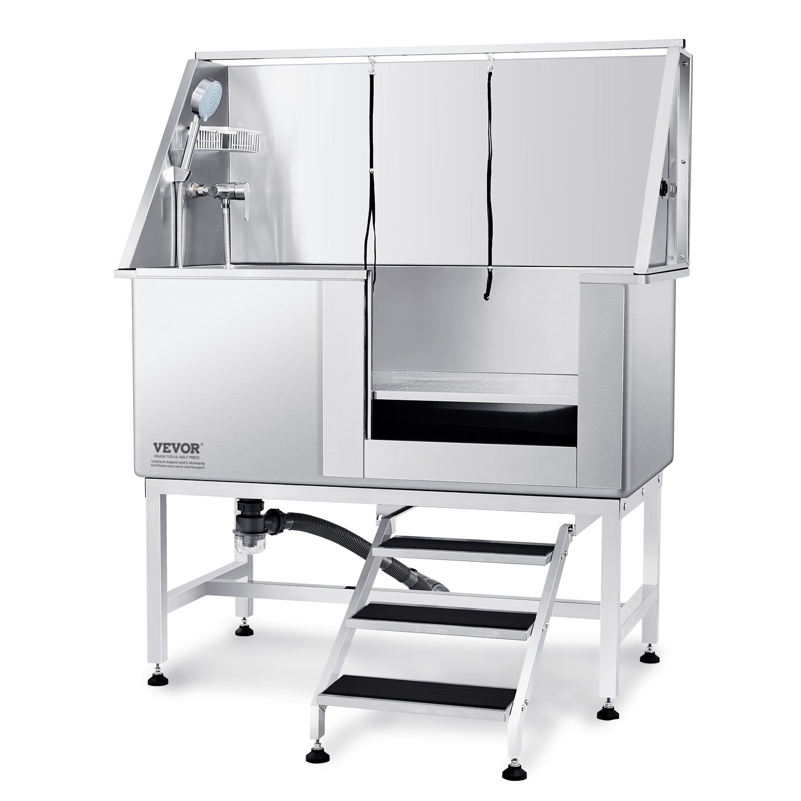 VEVOR Vasca da Bagno per Cani Animali Vasca di Doccia per Animali Domestici in Acciaio Inox con Scale Lunghezza max.127 cm Carico max. circa 150 kg, Vasca Doccia per Toelettatura per Cani con Scale