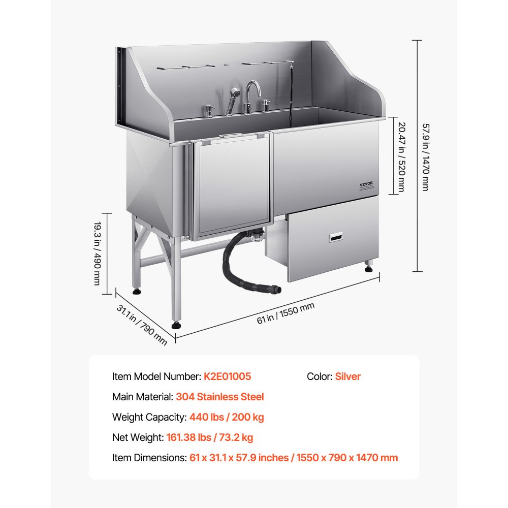 VEVOR Stazione di Lavaggio per Cani in Acciaio Inox, Vasca per Toelettatura per Animali Domestici di Grandi, Medie e Piccole Dimensioni da 154,94 cm con Rampa, Pannello Filtro Acqua, Porta Sinistra