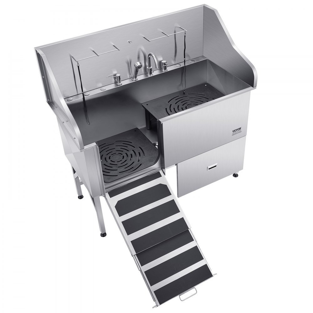 VEVOR Stazione di Lavaggio per Cani in Acciaio Inox, Vasca per Toelettatura per Animali Domestici di Grandi, Medie e Piccole Dimensioni da 154,94 cm con Rampa, Pannello Filtro Acqua, Porta Sinistra