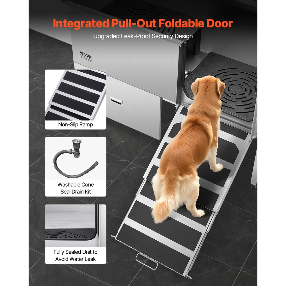 VEVOR Stazione di Lavaggio per Cani in Acciaio Inox, Vasca per Toelettatura per Animali Domestici di Grandi, Medie e Piccole Dimensioni da 154,94 cm con Rampa, Pannello Filtro Acqua, Porta Destra