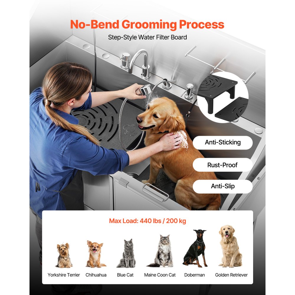 VEVOR Stazione di Lavaggio per Cani in Acciaio Inox, Vasca per Toelettatura per Animali Domestici di Grandi, Medie e Piccole Dimensioni da 154,94 cm con Rampa, Pannello Filtro Acqua, Porta Destra