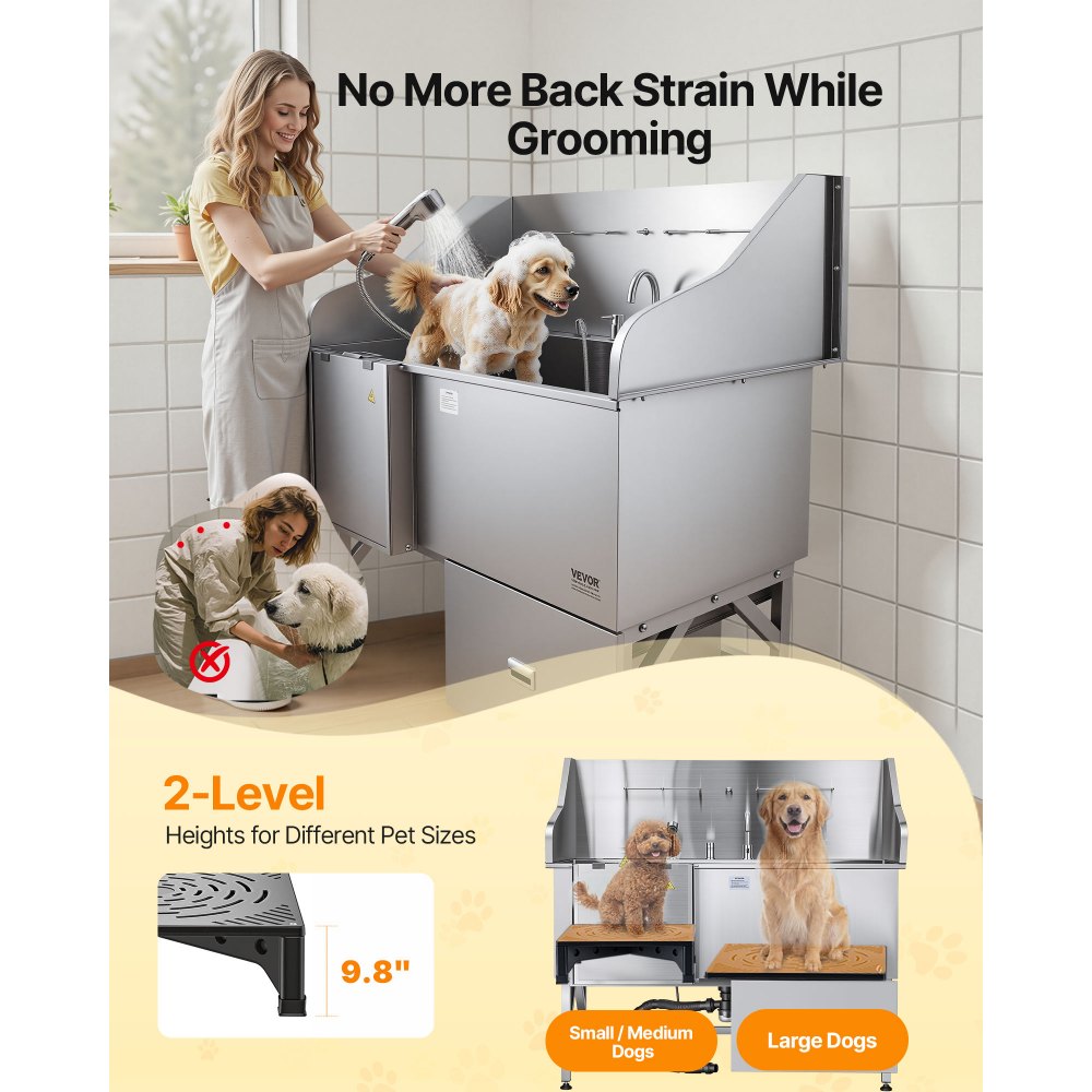 VEVOR Stainless Steel Dog Washing Station, 1550x790x1470 mm, Dog Grooming Tub with Ramp, Water Filter Plate, Faucet, Shower Head, Leash, for Large, Medium & Small Pets (Right Door)
