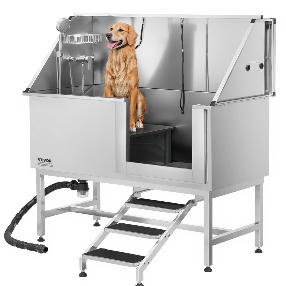 VEVOR Stazione di Lavaggio per Cani in Acciaio Inox, Vasca per Toelettatura per Animali Domestici di Grandi, Medie e Piccole Dimensioni 157,48 cm con Scale, Pannello Filtro per Acqua, Porta Destra