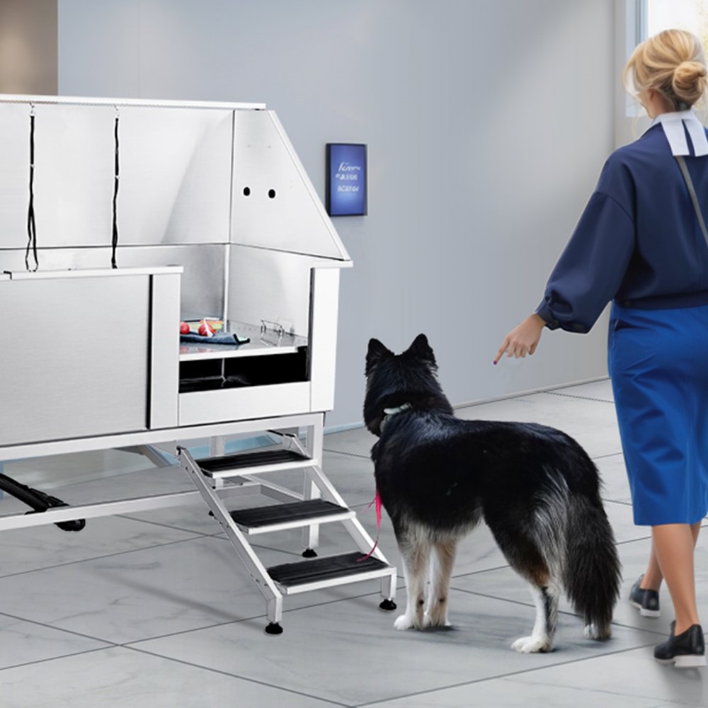 VEVOR Vasca da Bagno per Cani Animali Vasca di Doccia per Animali Domestici in Acciaio Inox con Scale Lunghezza max.157 cm Carico max. circa 200 kg, Vasca Doccia per Toelettatura con Scale a Destra