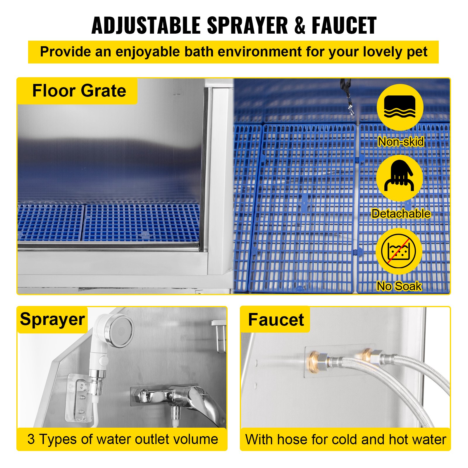 VEVOR Vasca da Bagno con Porta Scorrevole per Animali Domestici in Acciaio Inox Capacità Carico Max. da 300kg, Vasca da Bagno per Animali Lunghezza Massima di 149,9 cm con Porta Scorrevole Peso 75kg