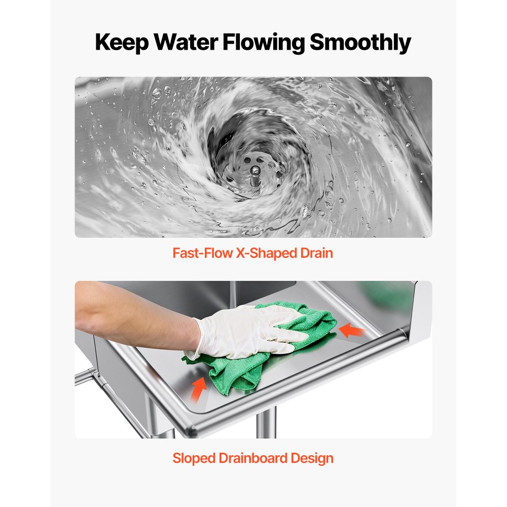 VEVOR Lavello a 3 Scomparti Rettangolare in Acciaio Inox 304 Lavello Autoportante a 3 Vasche Multiuso con 2 Scolapiatti e Paraschizzi Dimensioni Vasca 356 x 400 x 279 mm, per Ristorante Garage Cucina