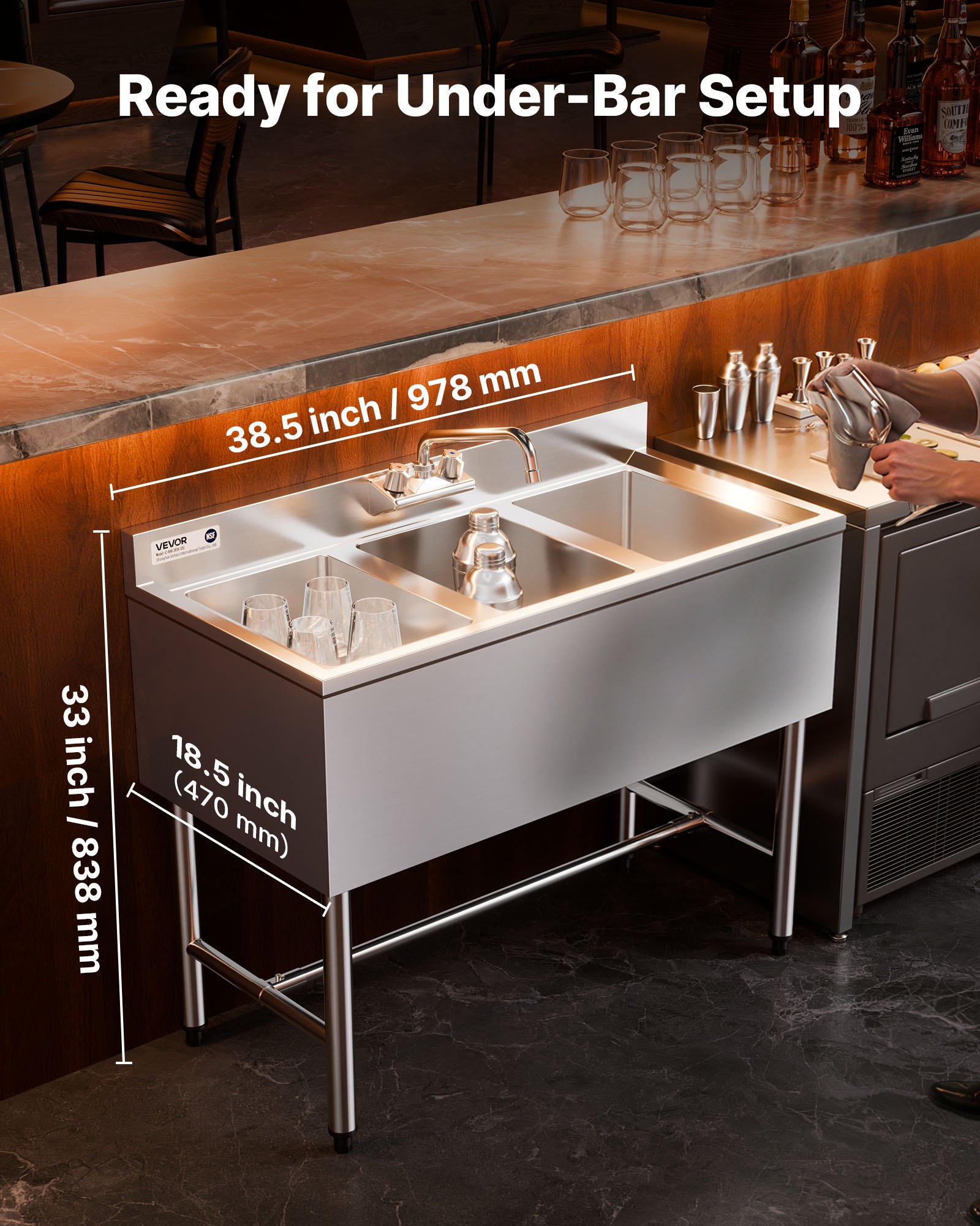 VEVOR Lavello da Cucina Commerciale in Acciaio Inox con 3 Lavandini Lavello Autoportante in Acciaio Inox 304 Lavandino Singolo 254x356x254 mm per Bar, Ristorante, Hotel, Cucina Commerciale