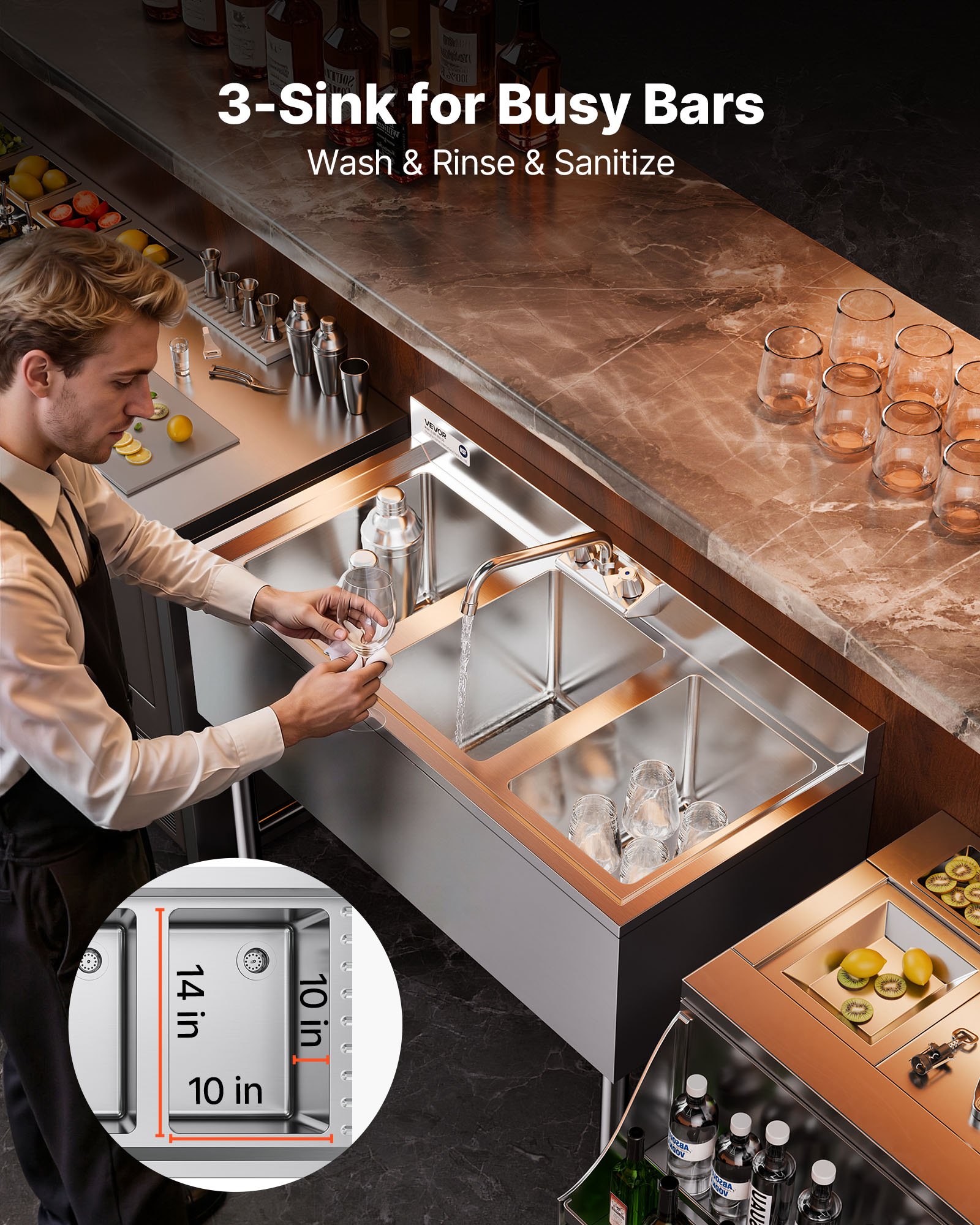 VEVOR Lavello da Cucina Commerciale in Acciaio Inox con 3 Lavandini Lavello Autoportante in Acciaio Inox 304 Lavandino Singolo 254x356x254 mm per Bar, Ristorante, Hotel, Cucina Commerciale