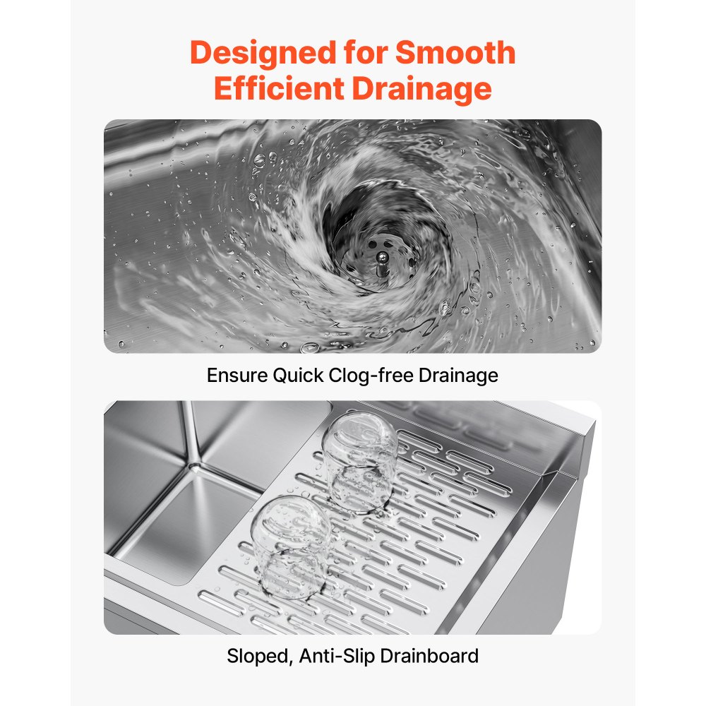 VEVOR Lavello a 3 Scomparti Rettangolare in Acciaio Inox Lavello da Cucina a 3 Vasche con 2 Scolapiatti Paraschizzi Rubinetto Freddo e Caldo, Dimensioni di Vasca 254 x 356 x 254 mm, per Ristorante Bar